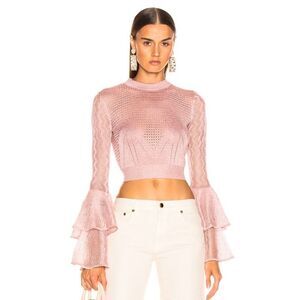 Self-Portrait Cropped Metallic Knit Bell Sleeve Top in Pink Size Medium